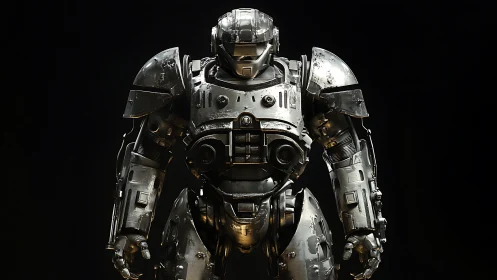 Heavily armored combat mech stands under dramatic rim light