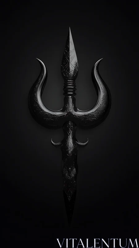 Black trident ritual dagger render with engraved metal detailing.