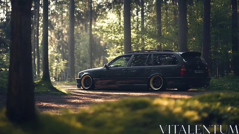 Lowered dark wagon parked in sunlit forest trail setting.