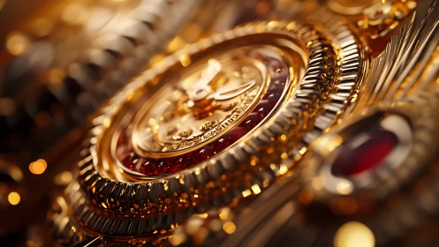 Intricate golden mechanical dial with red gemstone accents.