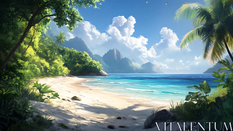 Tropical Coastal Landscape with Towering Volcanic Peaks and Turquoise Waters