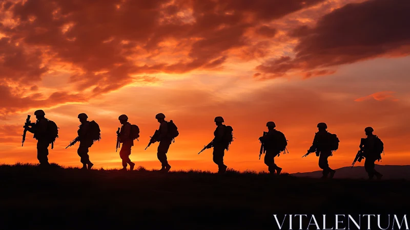 Infantry squad sunset silhouette on ridgeline with tactical gear