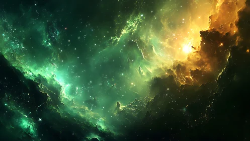 Starlit nebula tides glowing in emerald and gold silence.