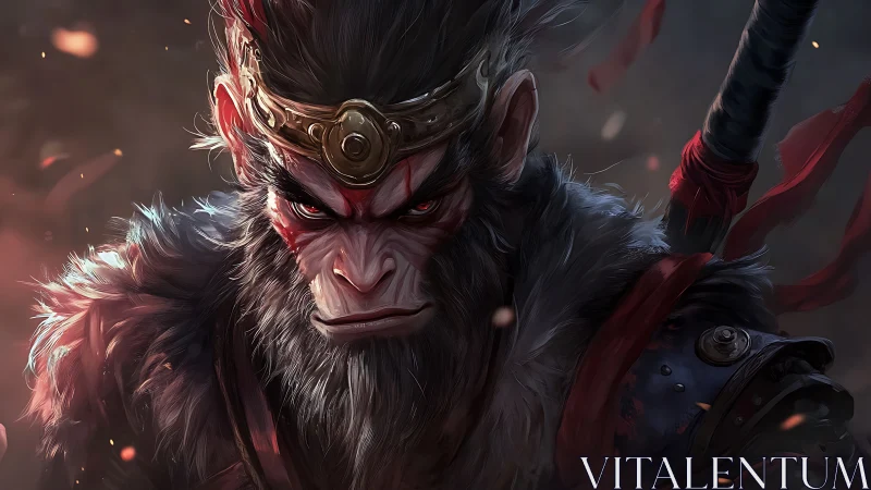 Warrior monkey king portrait with intense red accents.