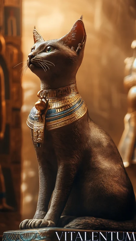 Egyptian-style cat statue with ornate collar in warm light.