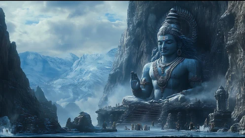 Peaceful mountain god watching over a misty frozen valley.