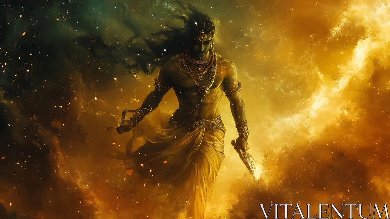 Celestial warrior strides through burning golden cosmos.