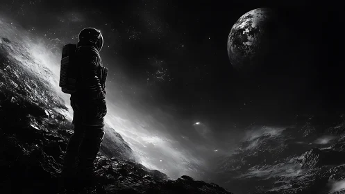 Solitary astronaut observes distant planet in stark monochrome
