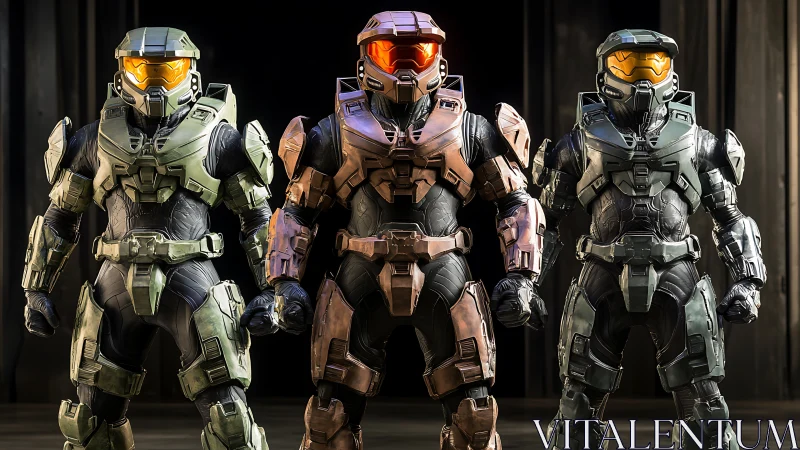 Three armored sci-fi soldiers in full combat exosuits.