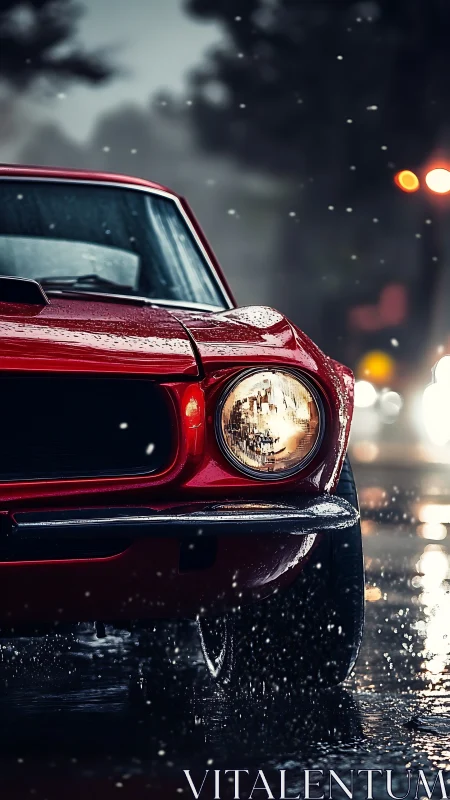Red classic muscle car front in rain with shallow depth of field.