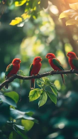 Scarlet parrots line branch under filtered jungle light.