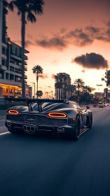 Sunset boulevard hypercar streaking through neon dusk.