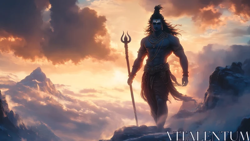 Blue-skinned mythic figure stands on clouded mountain ridge