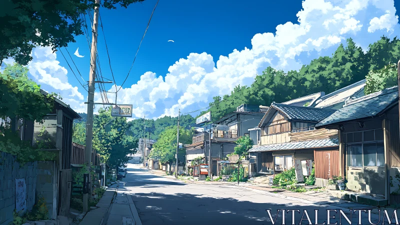 Quiet residential street with wooden houses under blue sky.