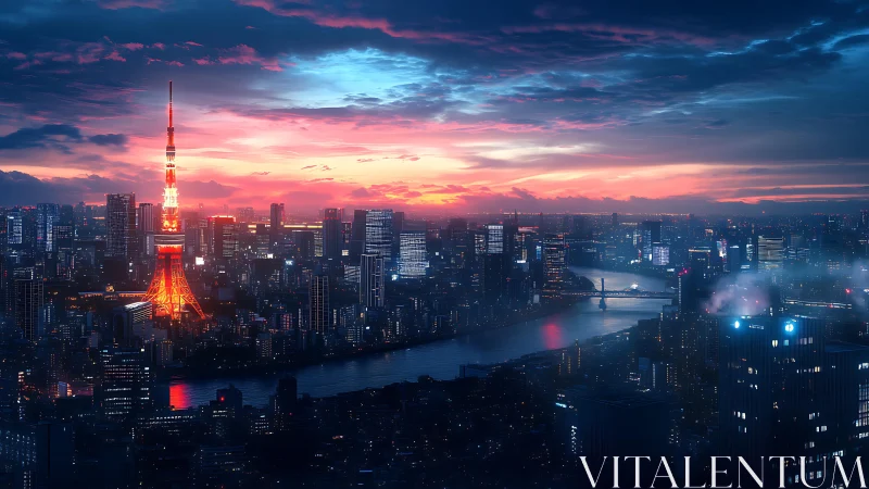 Tokyo skyline glows under vivid neon sunset clouds