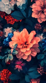 Coral Dahlia Garden Under Teal Shadow.