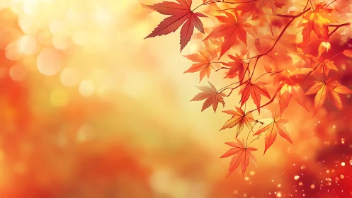 Maple leaves on branch against blurred warm background.