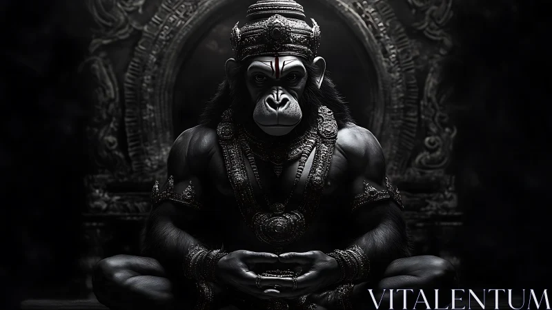 Simian humanoid figure sits frontally in ornate temple setting