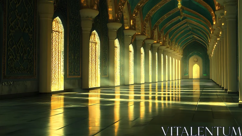 Sunlit ornate corridor with gold arches and columns interior.