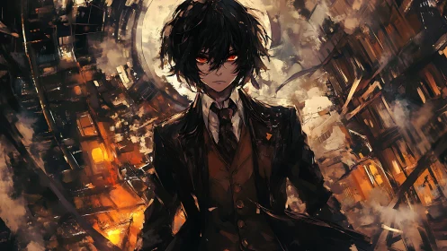 Brooding fire-eyed wanderer within a crumbling city storm.