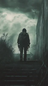 Post-apocalyptic survivor ascending ruined stairwell under storm.