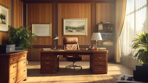 Traditional executive office shows wooden desk and warm light