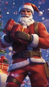 Digital Santa character holding gifts in winter setting.