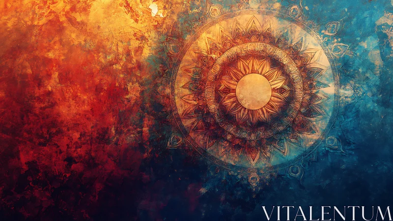 Radiant sun mandala glows between rich red and deep blue