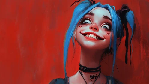 Chromatic manic portrait with cyan pigtails on scarlet field.