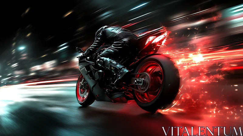 High-speed sportbike accelerates through neon-infused nightscape