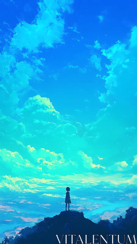 Solitary child on a twilight cliff under sweeping sky.