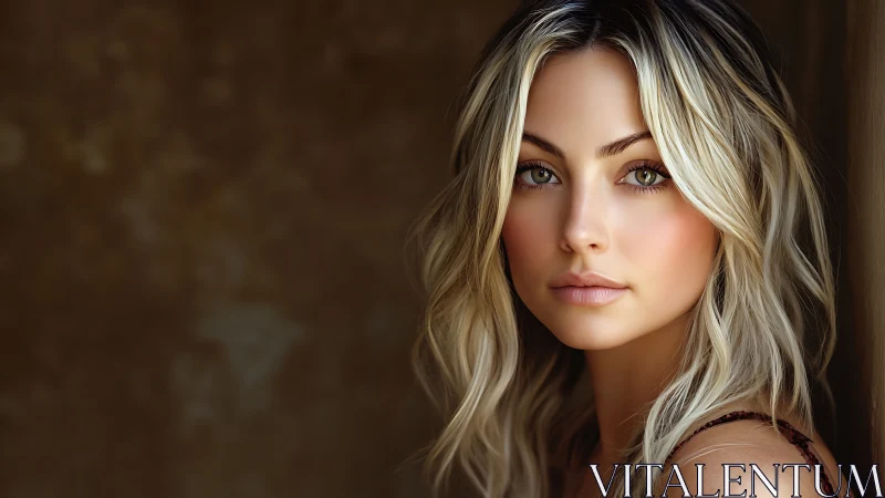 Soft-lit blonde portrait with warm neutral background focus.