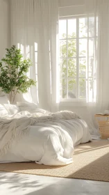 Sunlit white bedroom displays soft textiles and window light