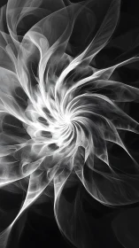Monochrome fractal spiral with layered translucent curves.