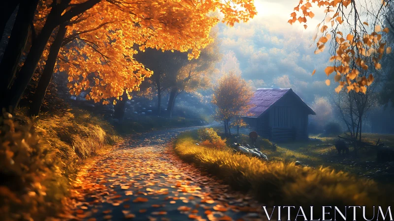 Autumn forest lane curving toward rustic wooden cottage at dawn.