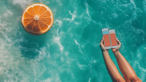 Overhead pool scene with floating orange slice and smartphones.