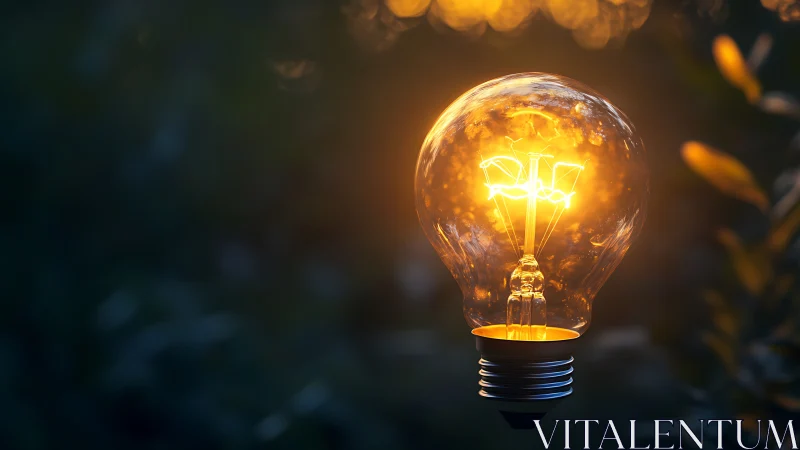 Illuminated filament bulb in warm bokeh garden setting.