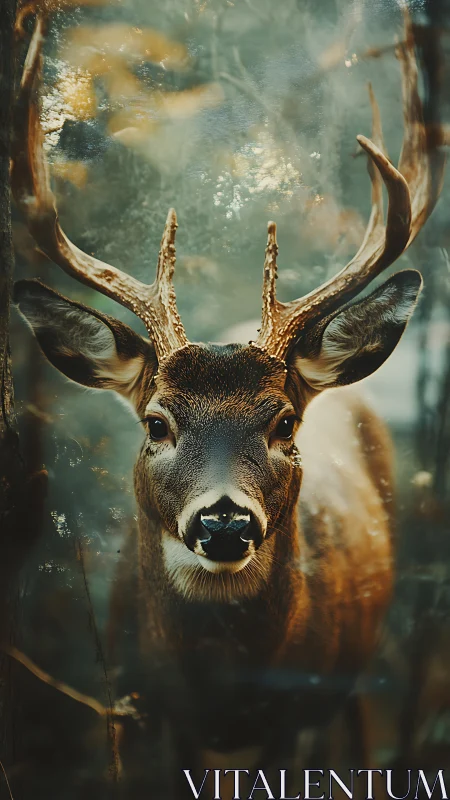 Stag with full antlers in soft forest background portrait.