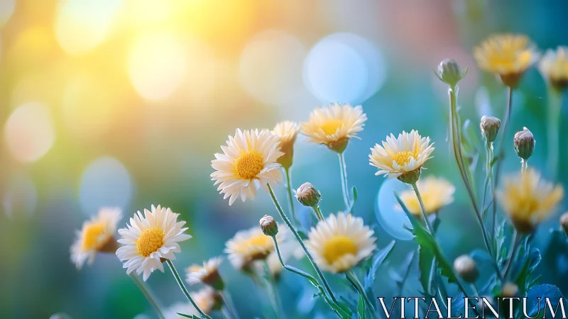 Daisy Garden Field with Soft Focus Bokeh Lighting.