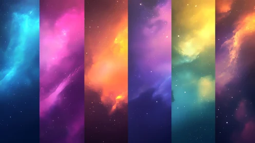 Multicolor vertical nebula panels in cosmic gradient sky.