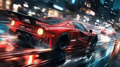 Digital painting of red hypercar on neon-soaked night streets.