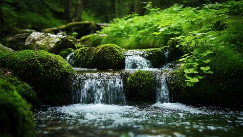 Tranquil Forest Stream With Mossy Rocks in Lush Green Landscape.