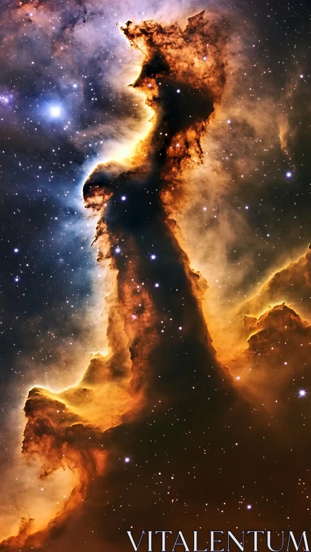 Towering interstellar nebula pillar with glowing starfield.