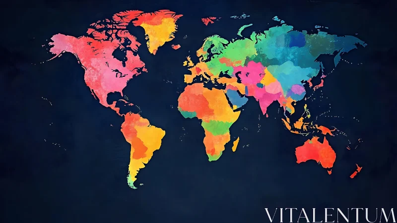 Vibrant watercolor-style political world map on dark ground