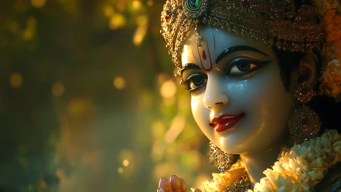 Divine jeweled deity portrait in warm cinematic bokeh light.