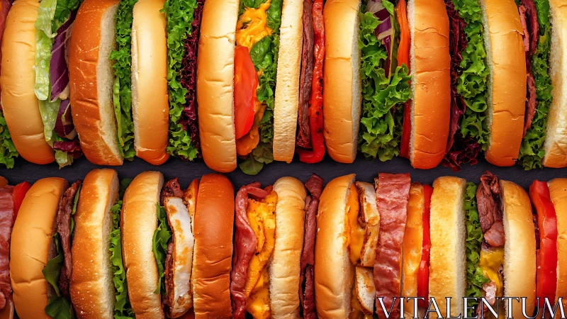 Rows of assorted deli sandwiches packed with meat and greens.