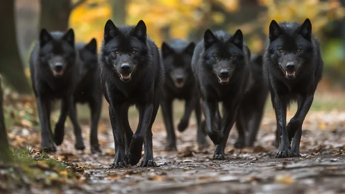 Pack of black wolves advancing through autumn forest trail.