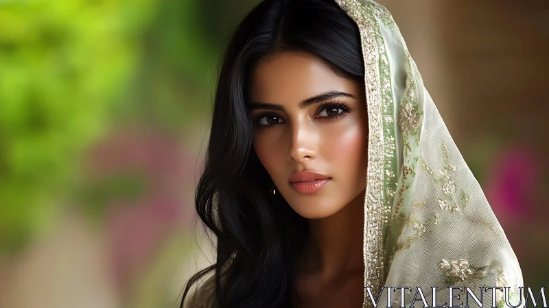 Portrait of woman in embroidered shawl, soft background.
