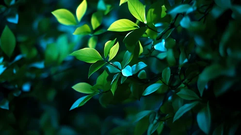 Green leaves are illuminated by directional blue-toned light