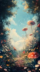 Forest path with oversized mushrooms under clear sky.